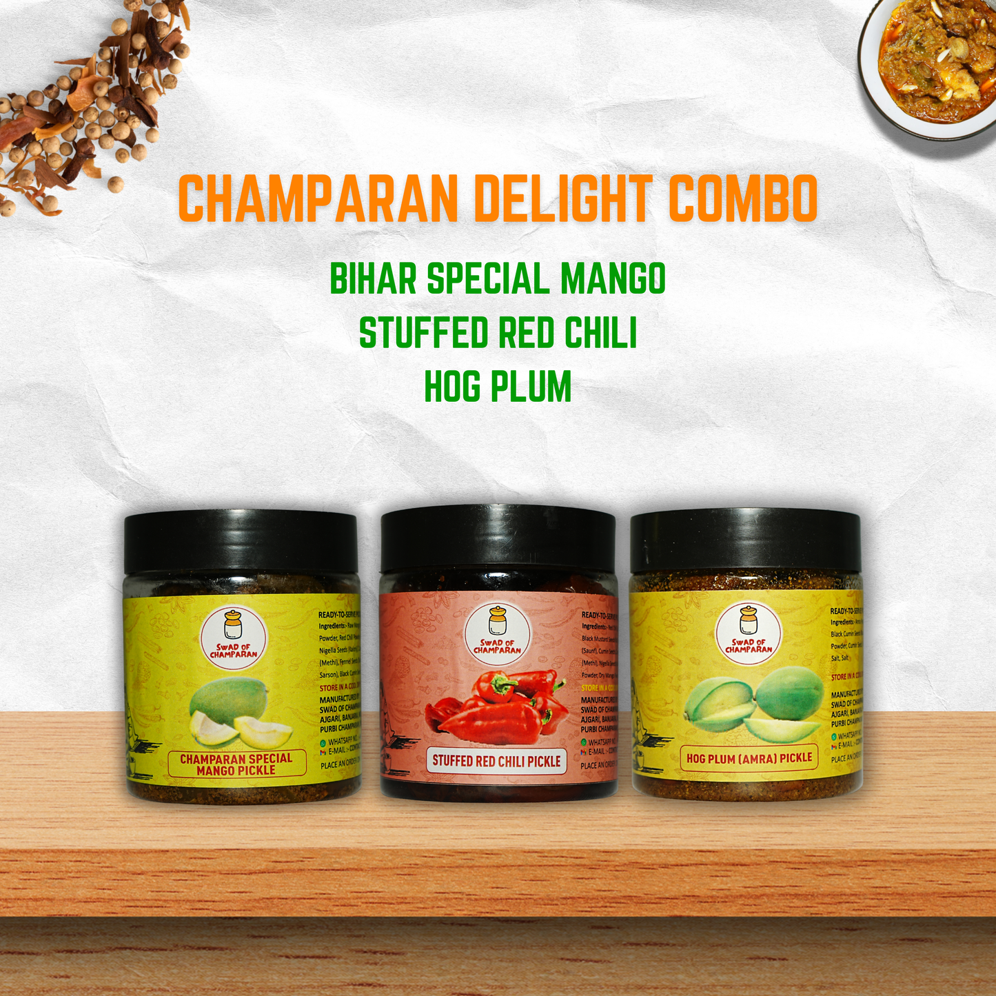 Champaran Delight Combo (Mango, Stuffed Red Chilli, Hog Plum)