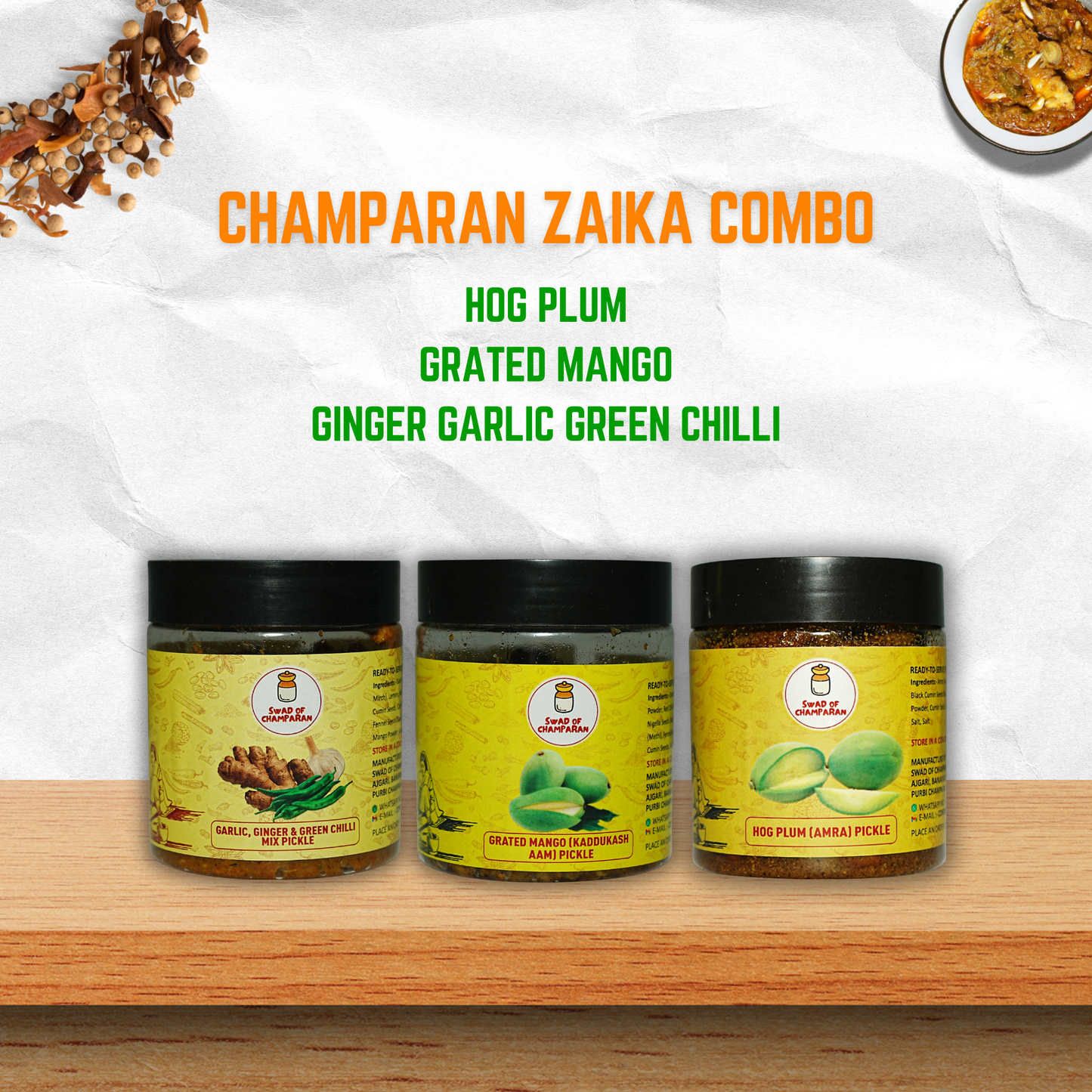 Champaran Zaika Combo (Grated Mango, Ginger Garlic Green Chilli and Hog Plum)