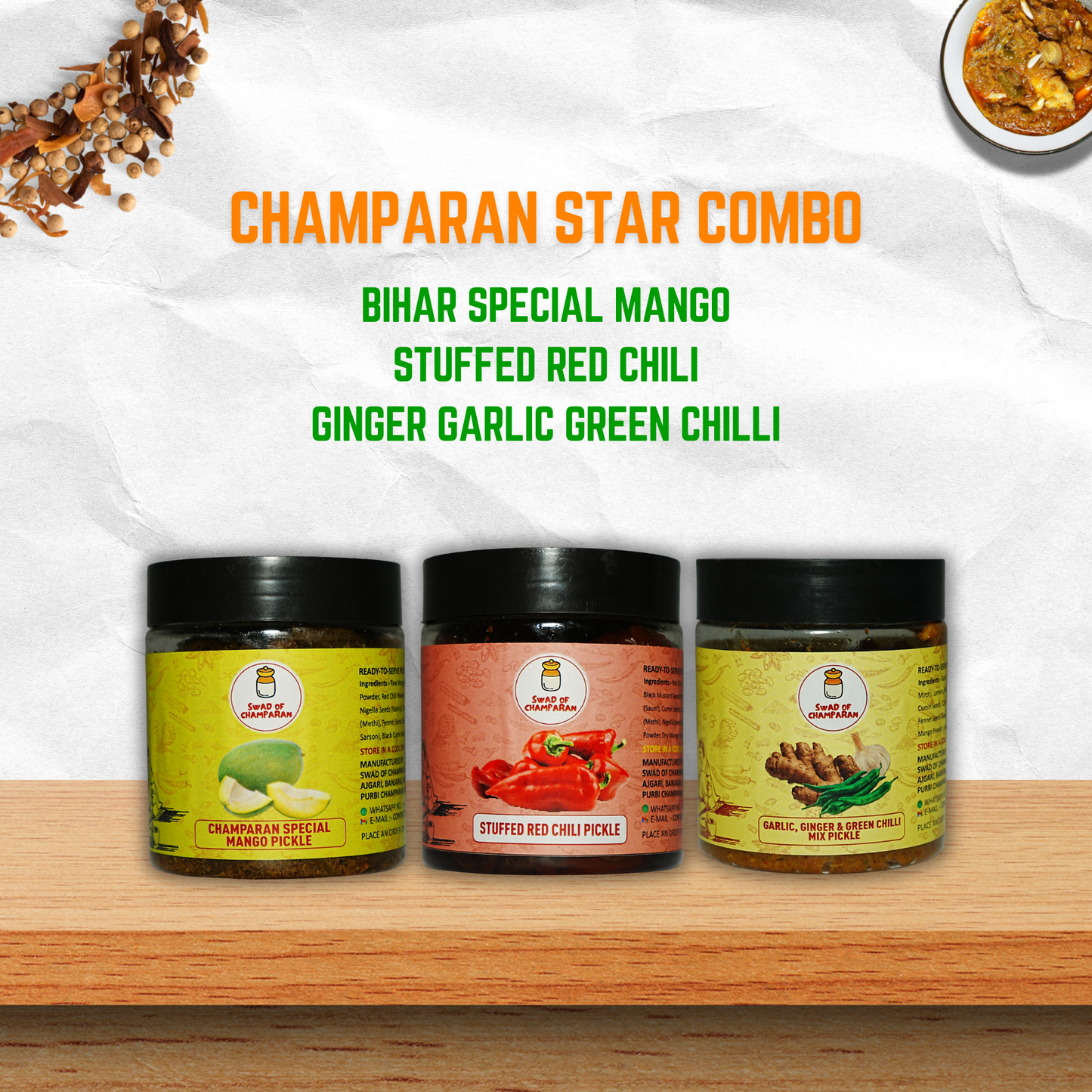Champaran Star combo (Mango, Ginger Garlic Green Chilli, Stuffed Red Chilli)